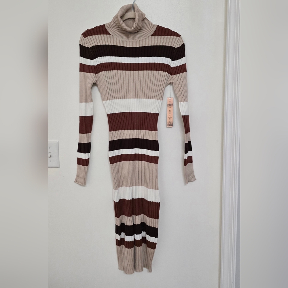 Neutral Tone Striped Ribbed Turtleneck Bodycon Dress Size M - Picture 11 of 11